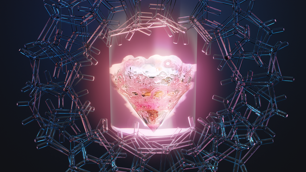 Conceptual art showing the rare earth element promethium in a vial surrounded by an organic ligand. Scientists have discovered hidden features of promethium, opening a pathway for research on other lanthanide elements.