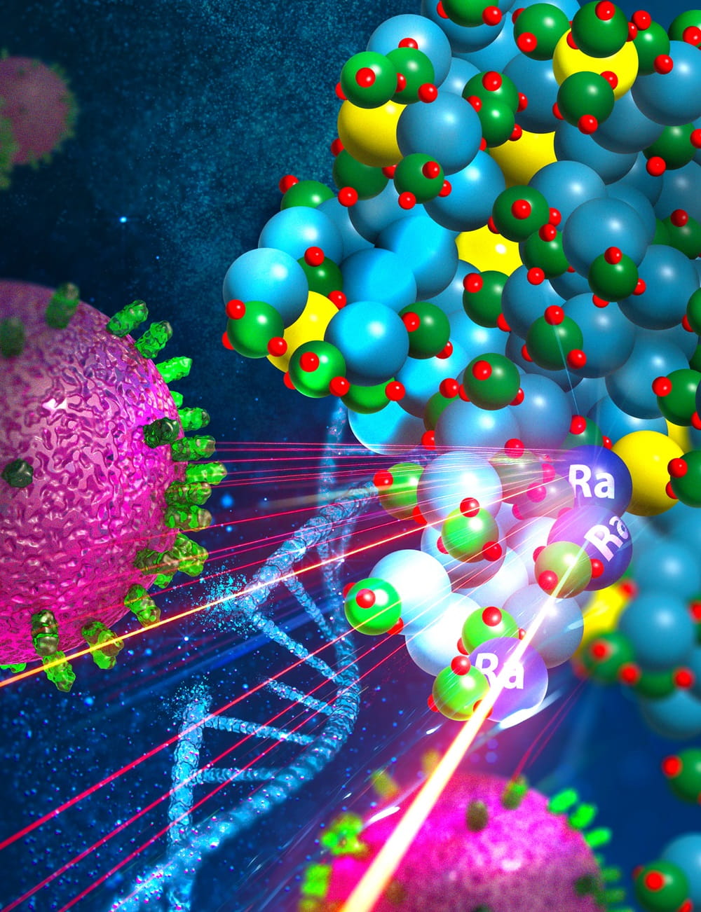 Artists’ depiction of a new potential cancer treatment vehicle—an engineered nanometer-size construct that holds a radioactive isotope that can be delivered to destroy cancer cells. 