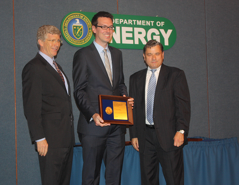 PECASE winner Derek Gaston with Deputy Secretary of Energy Daniel B. Poneman and Dennis Miotla, Deputy Assistant Secretary for Nuclear Power Deployment, Office of Nuclear Energy