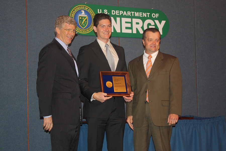 PECASE awardee Dr. Thomas Jaramillo with Deputy Secretary of Energy Daniel B. Poneman and Steve Chalk, Deputy Assistant Secretary for Renewable Energy in the Office of Energy Efficiency and Renewable Energy