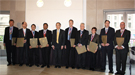 Lawrence award winners posed with Energy Secretary Chu, holding their award certificates following the ceremony. From L to R: Riccardo Betti, University of Rochester, Paul C. Canfield, Ames Laboratory, David E. Chavez, LANL, Amit Goyal, ORNL, Secretary Chu, Energy Department, Mark B. Chadwick, LANL, Bernard Matthew Poelker, Thomas Jefferson National Accelerator Facility, Lois Curfman McInnes, Argonne, Barry F. Smith, Argonne, Thomas P. Guilderson, LLNL