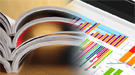 Open books stacked on top of each other and bar graphs.