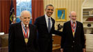 President Barack Obama meets with 2013 Fermi Award recipients Professor Allen J. Bard, left, and Dr. Andrew Sessler in the Oval Office.