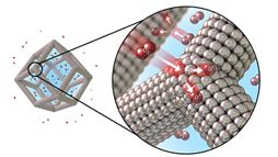 A team led by Argonne National Lab&rsquo;s Dr. Vojislav Stamenkovic and Berkeley Lab&rsquo;s Professor Peidong Yang designed platinum-nickel nanoframes with multilayered platinum skin structure. The structure catalyzes the oxygen reduction reaction (shown here) on the surface.