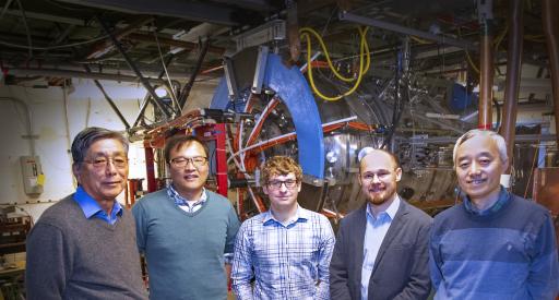 Members of the MRX team with the device in the background. From left, Masaaki Yamada, Jongsoo Yoo, Jonathan Jara-Almonte, Will Fox, and Hantao Ji.