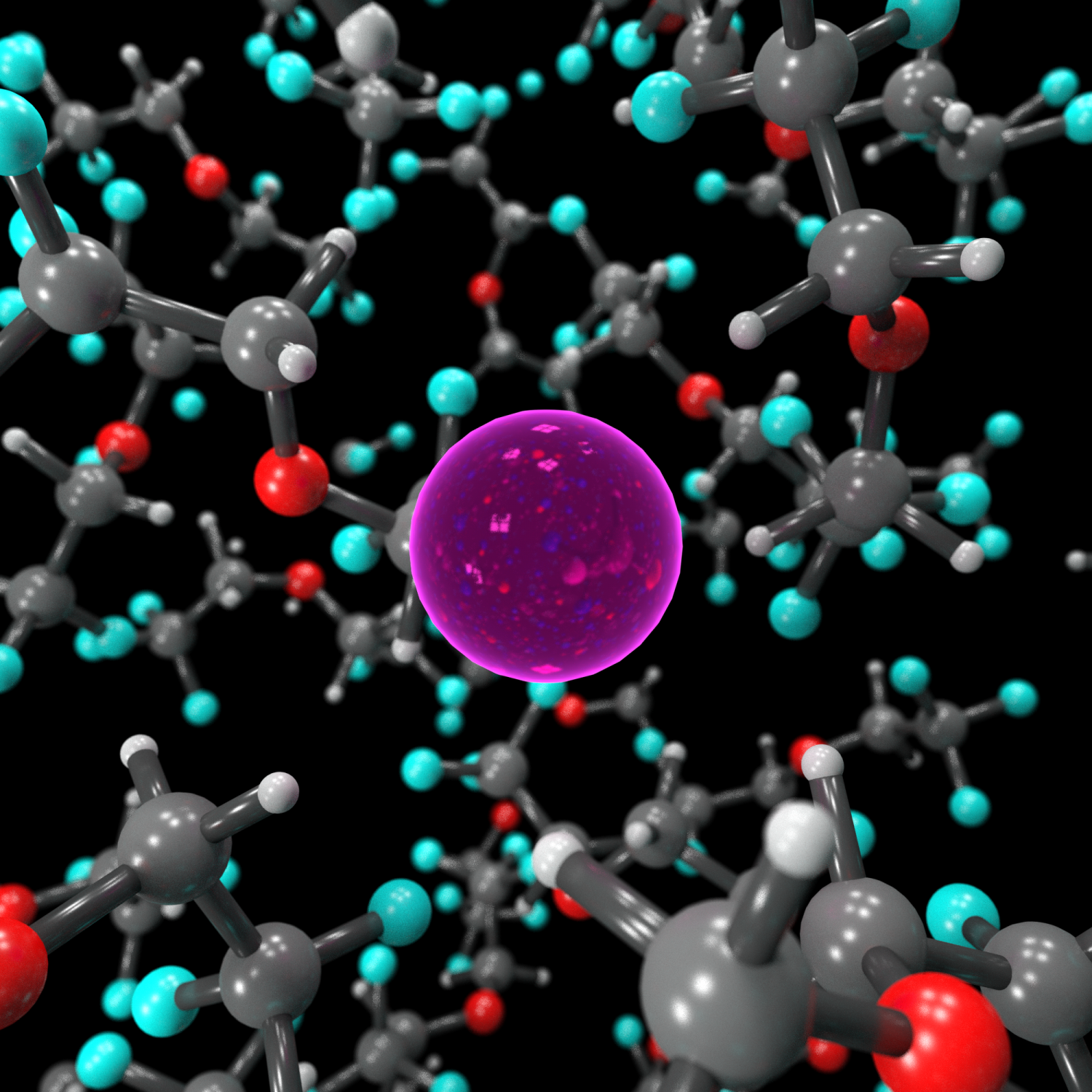 Fluoride (pink) floats in liquid electrolyte BTFE. Image Credit: Brett Savoie, Purdue University