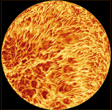 Temperatures near the bottom plate for Rayleigh-Benard Convection flow in a cylindrical container.