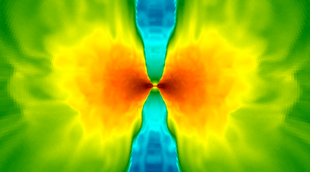 A cross section of the model of colliding neutron stars shows the dense regions of the accretion disk in red around the black hole at the very center. The astrophysical jet is the funnel above and below the black hole, a less dense region of blue, which gave rise to a gamma-ray burst. (Credit: Rodrigo Fernández)