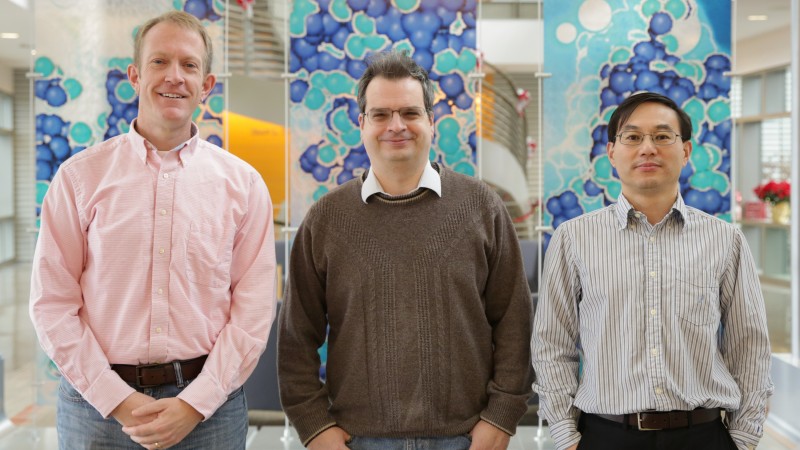 Pete Peterson, Andrei Savici, and Wenduo Zhou, all software scientists with the Neutron Sciences Directorate’s Spallation Neutron Source, have conducted experiments showing the effectiveness of event-based data collection for materials research. Image Credit: ORNL/Genevieve Martin