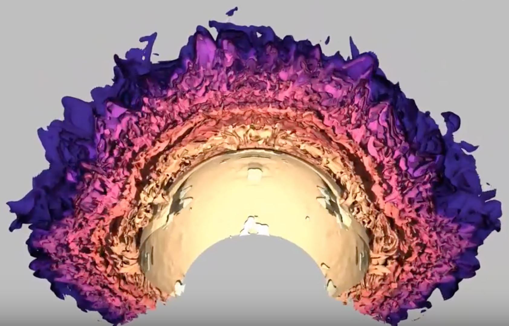 turbulent structures resulting from convection around the iron opacity peak region. Density is highest near the star’s core (yellow). The other colors represent low-density winds launched near the surface. 