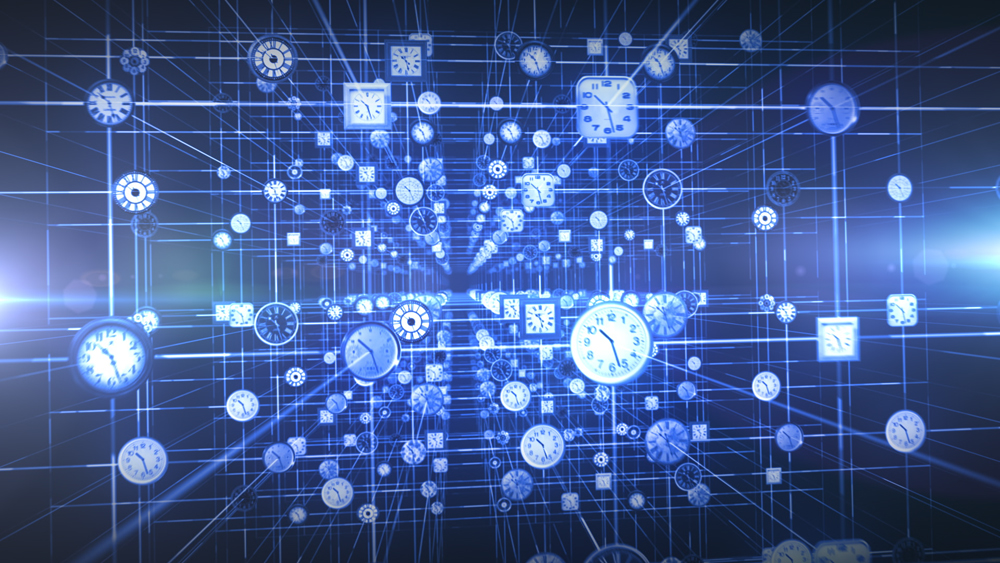 Various clocks connected by horizontal and vertical lines in space