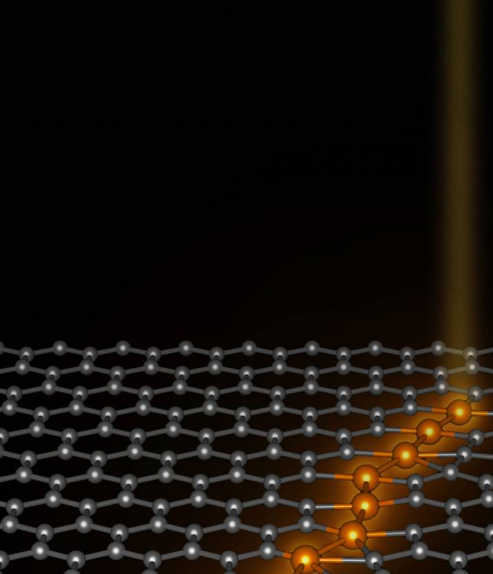 Image of silicon atoms (orange band) in a graphene sheet (grey hexagons).