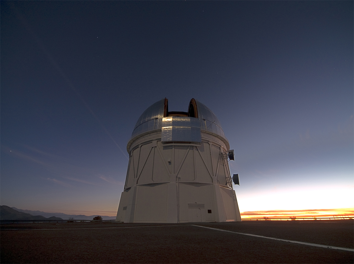 The silvered dome of the Blanco 4-meter telescope which will hold the DECam at the Cerro Tololo Inter-American Observatory in Chile.