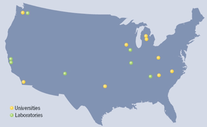 Map of the US with indicators for the location of universities and laboratories