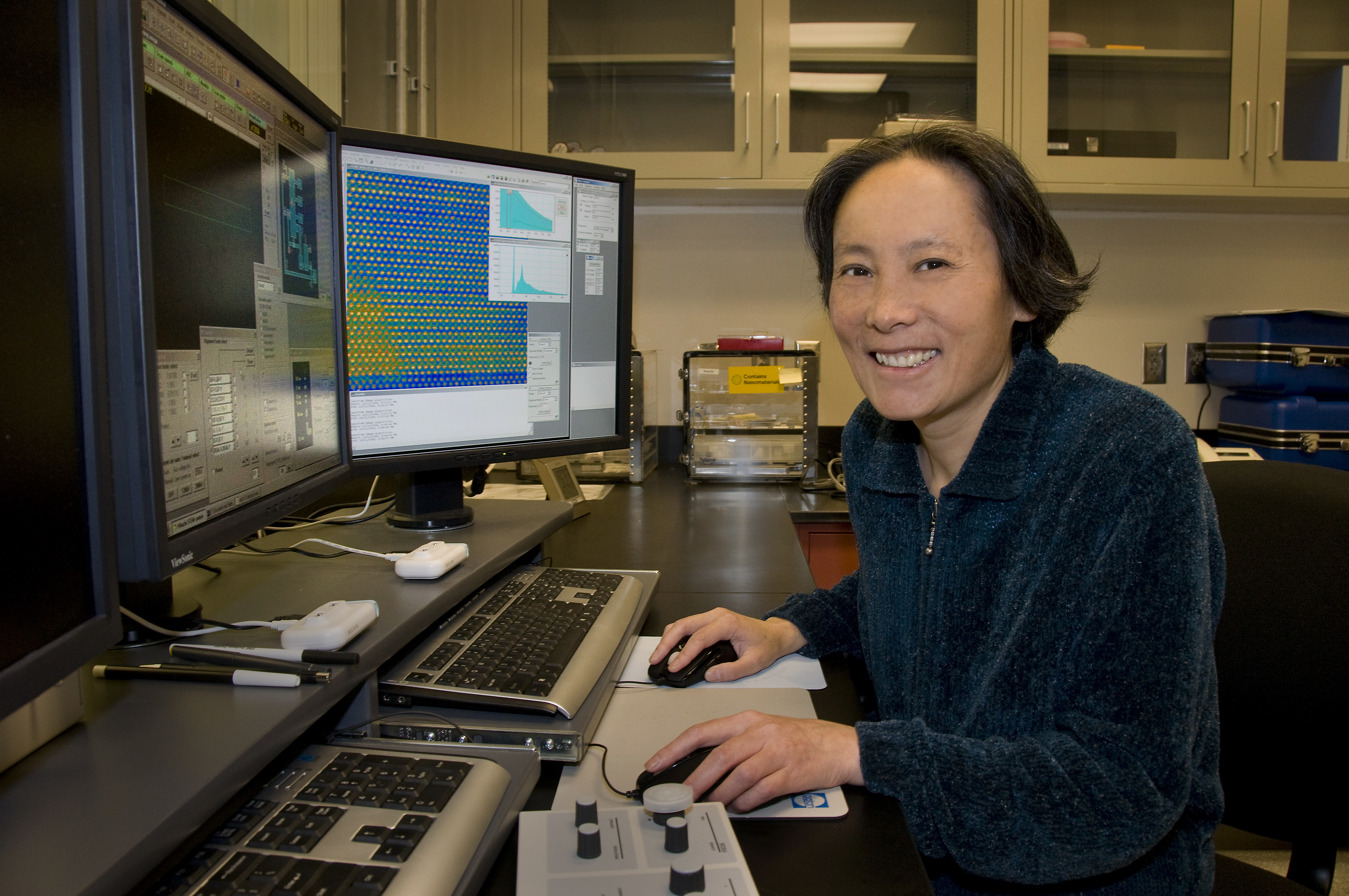 Scientist Jia Wang working on her computer in the lab