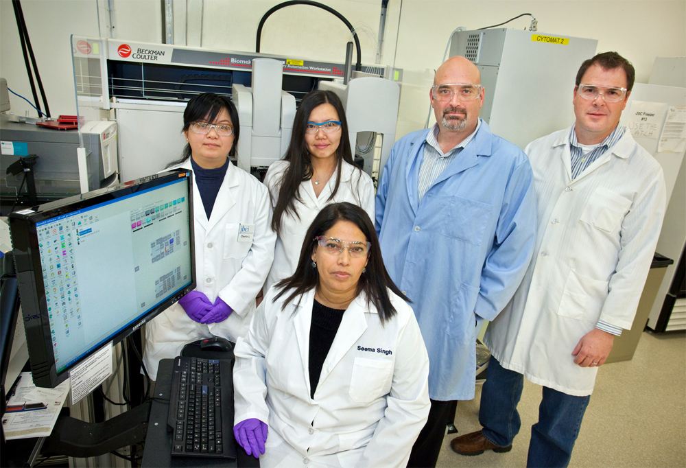JBEI researchers studying Cg1 switchgrass included (foreground) Seema Singh, (from left) Chenlin Li, Lan Sun, Blake Simmons and Dean Dibble. 