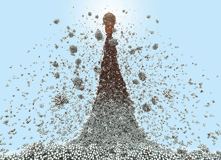 Gray pinnacle with blue background surrounded by multi sized particles