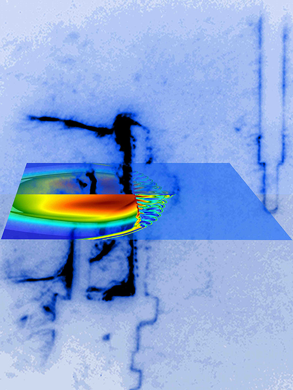 Small heatmap in flame shape on a multicolor blue background.