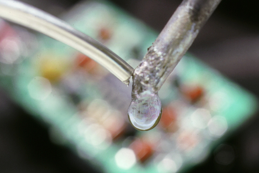 Molten droplet of Ames Lab lead free solder, an alloy of tin, silver, and copper