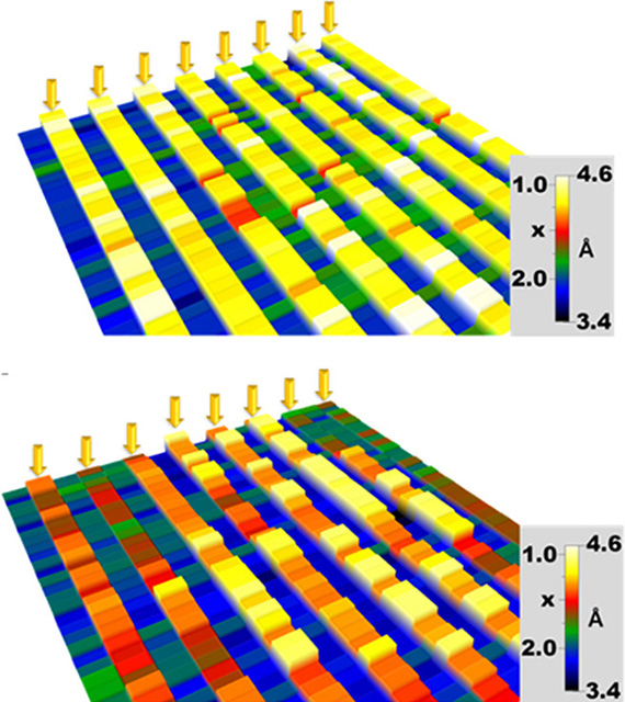 Oxygen vacancy maps reveal that the overall composition and the degree of oxygen order varies drastically between films of the same cation composition but grown on different substrates.