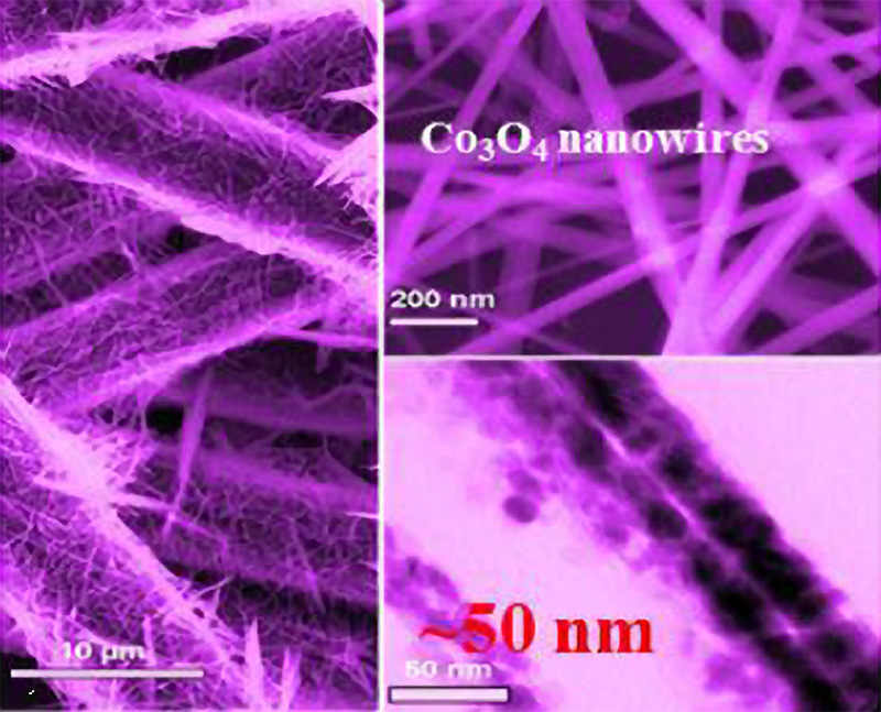 Scanning electron microscopy of conductive carbon fibers coated with metal oxide nanowires...