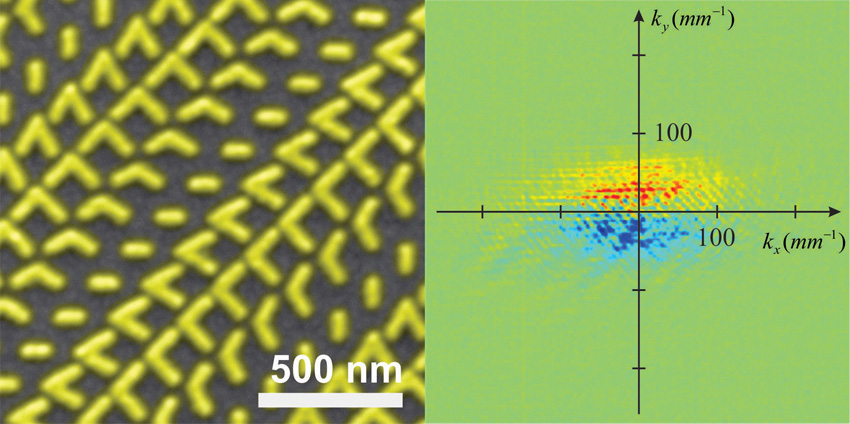 Scanning electron microscope image of a silicon surface hosting a nano-scale array of V-shaped gold antennas (metasurface) with different lengths, orientations, and angles.