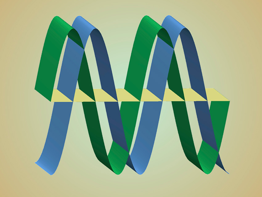 Schematic image indicating the inferred intertwining of the superconducting wave function (green) with the envelope function (blue) for the atomic magnetism.