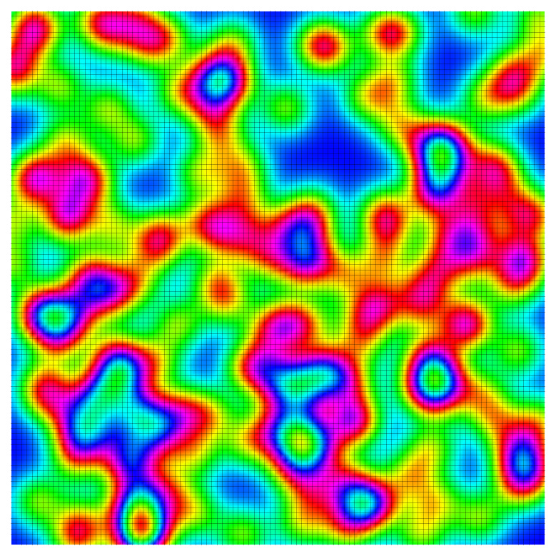 Numerical simulation of the magnetic inhomogeneity (red = magnetism, blue = superconductivity) caused by replacing 1% of the indium atoms in a superconductor (CeCoIn5) with cadmium atoms.