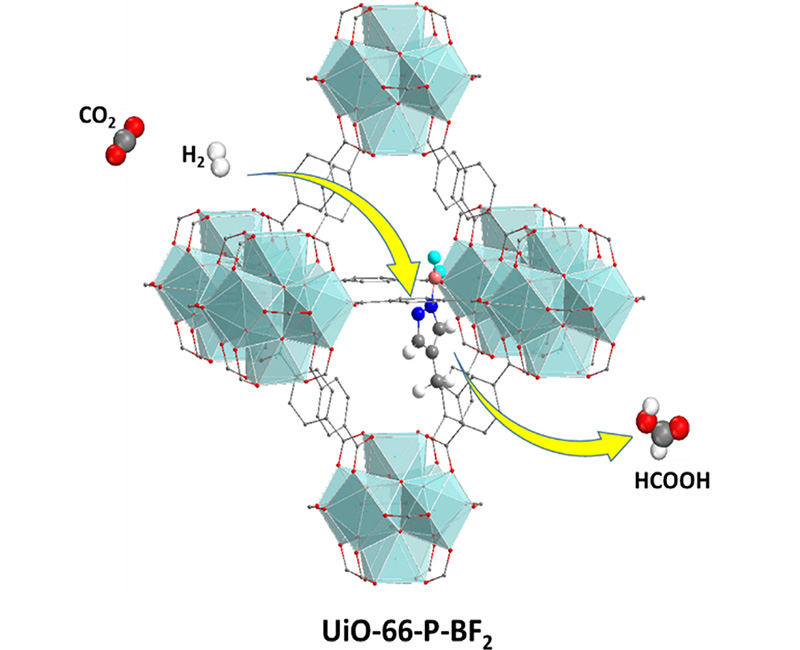 A novel catalyst transforms carbon dioxide and hydrogen into formic acid (HCOOH) via a two-step (yellow arrows) reaction.