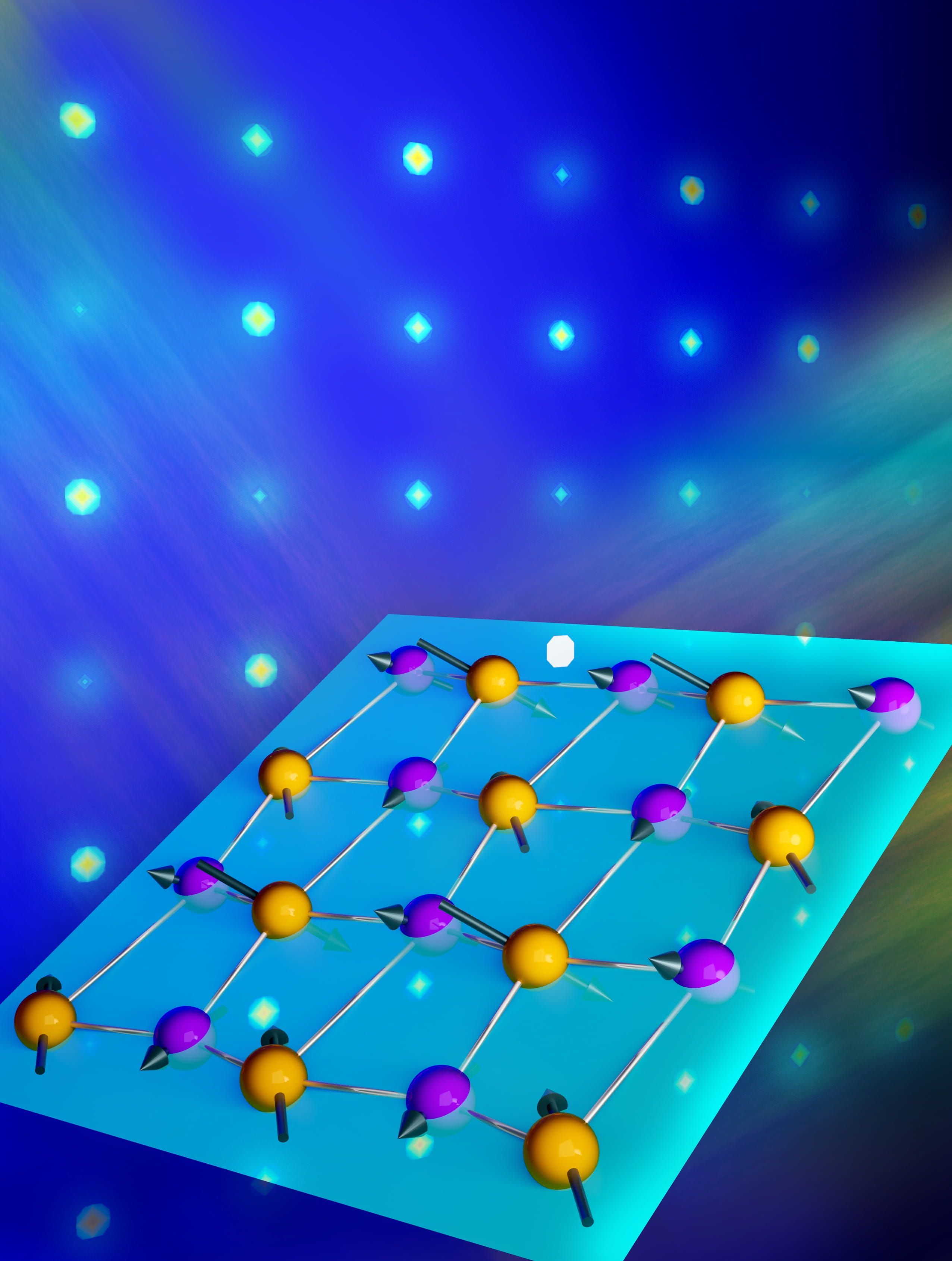 Depiction of the newly discovered magnetic order of nickel spins (arrows) in nickel monosilicide as revealed by neutron diffraction (background) for the two sites of nickel (spheres). 