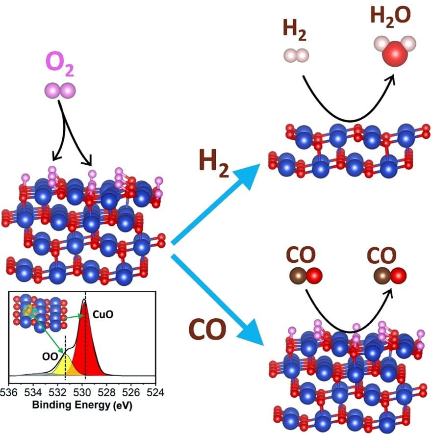 Peroxide (OO) forms on CuO by annealing in O<sub>2</sub>, leading to a larger oxygen surface population. Greater oxygen coverage prevents organic species from reacting on the oxygen-rich CuO surface (bottom right) and promotes hydrogen gas decomposition (top right).