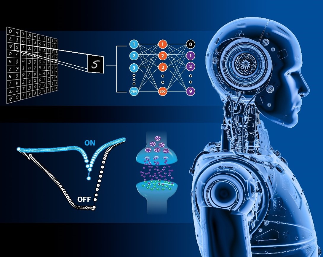 A computer that uses electronic synapses made of terminals with a top electrode (TE), dielectric layer (DL), and bottom electrode (BE) can emulate the human brain. A neural network using these synapses shows improved image recognition in an MNIST test.