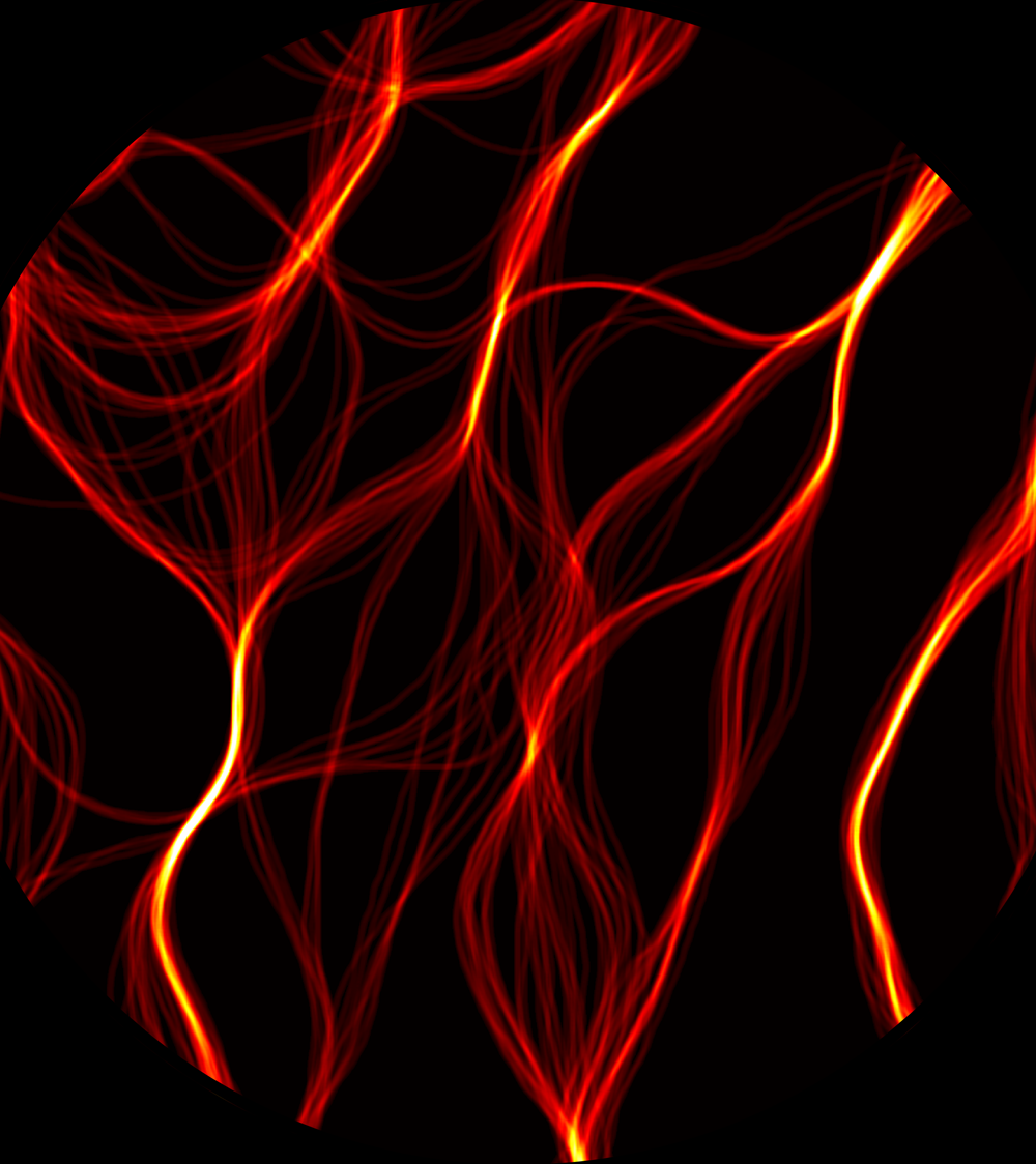 The image using Coherent Correlation Imaging shows the areas where the borders of magnetic domains (called domain walls) accumulate over time and thus maps the presence of pinning sites. The image field of view is 700 nanometers.