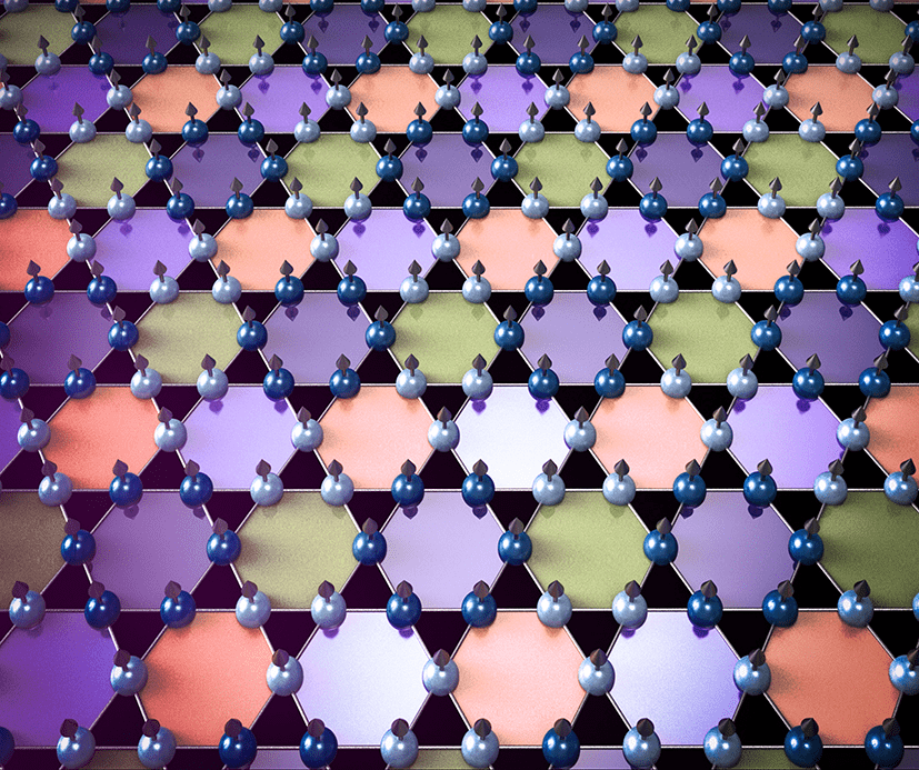 The lattice arrangement in a magnetic iron-germanium metal frustrates the movement of electrons (blue and silver spheres). This gives rise to collective behavior such as charge density waves, which form at low temperatures in this material.