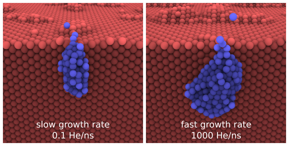 Snapshots of a helium bubble just before bursting when grown at slow versus fast rates.