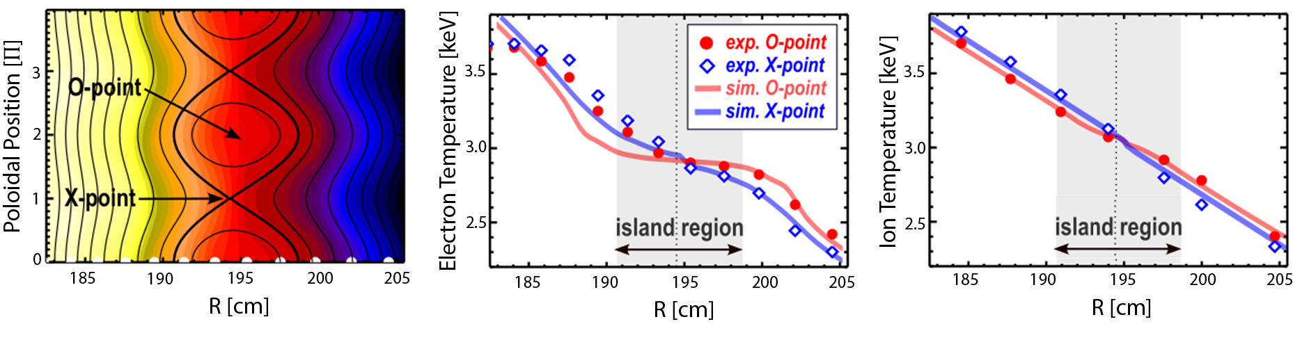Contour plot of electron temperature (left) and radial profiles of electron temperature (center) and ion temperature (right) across an island, with ion temperature showing a gradient observed experimen-tally (blue) and reproduced in simulations (red).