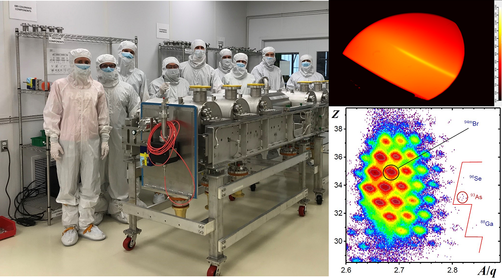 Team members pose in the clean room (left). Thermal image of the 10.4 kW uranium-238 beam on the target (top right). Three never-before-seen isotopes, shown to the right of the red line on the particle identification plot (bottom right).