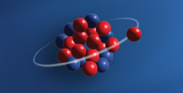 Artist’s depiction of the aluminum-22 nucleus if it exists in a halo state. This nucleus contains 13 protons (red) and 9 neutrons (blue). Halo nuclei are characterized by having one or more nucleons existing at an extended distance from a compact core.
