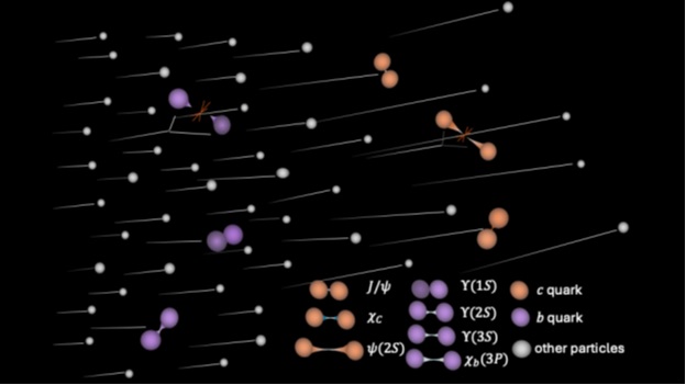 Illustration of quarkonium states interacting with co-moving particles in relativistic heavy ion collisions. 