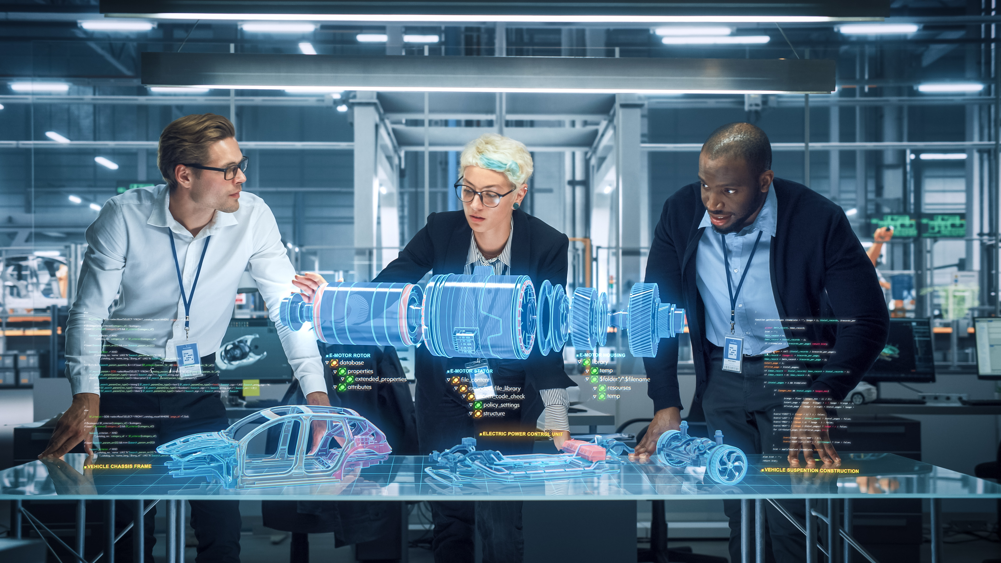 Three men conversate about a hologram floating in front of them while they lean on a glass table 
